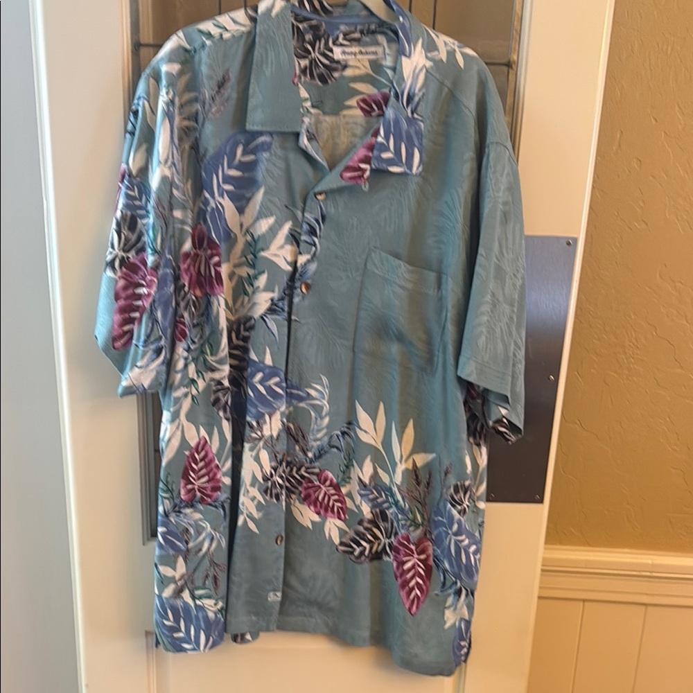 Tommy Bahama Teal and Purple Leaf Print Shirt